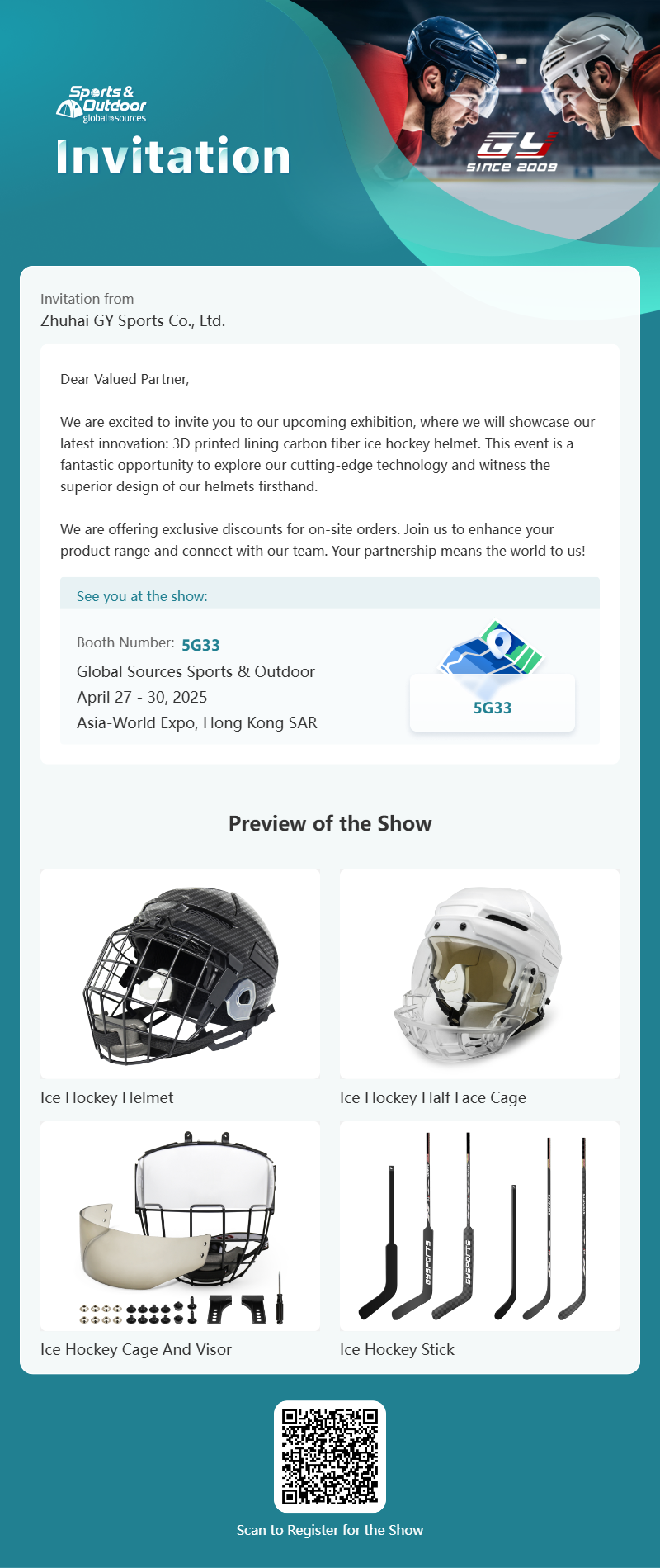 GY Global Sources Sports & Outdoor, ວັນທີ 27-30 ເມສາ 2025, Asia-World Expo, Hong Kong SAR, Booth Number. 5G33